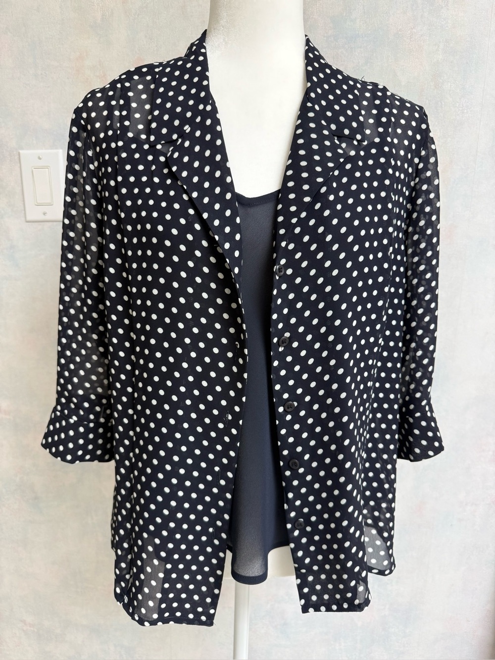 NWOT Jones Wear 2 pc Polka Dot Black & White Sheer Top over a Black Sheer Cami